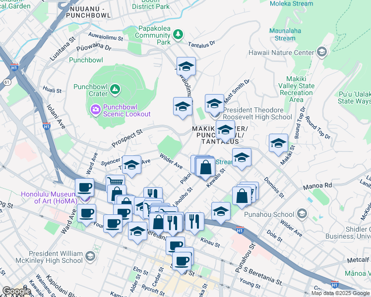 map of restaurants, bars, coffee shops, grocery stores, and more near 1306 Prospect Street in Honolulu