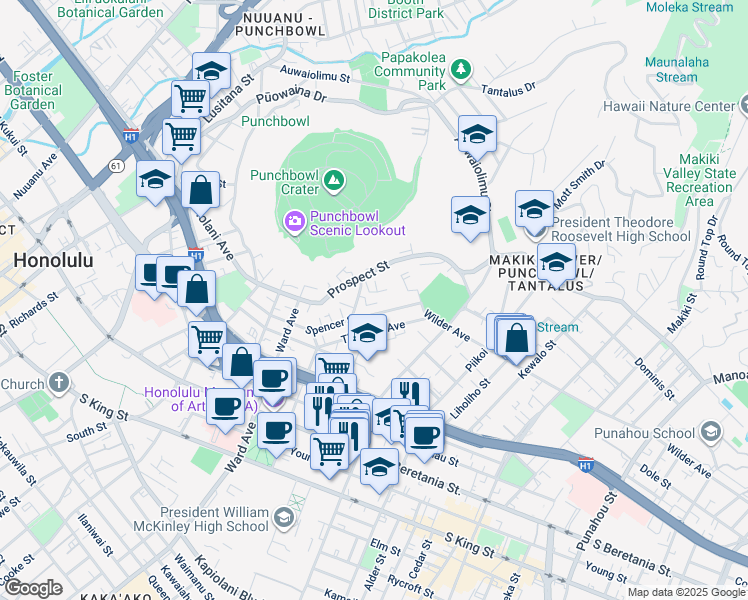 map of restaurants, bars, coffee shops, grocery stores, and more near 1570 Magazine Street in Honolulu