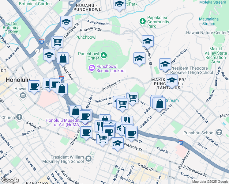 map of restaurants, bars, coffee shops, grocery stores, and more near 1570 Magazine Street in Honolulu