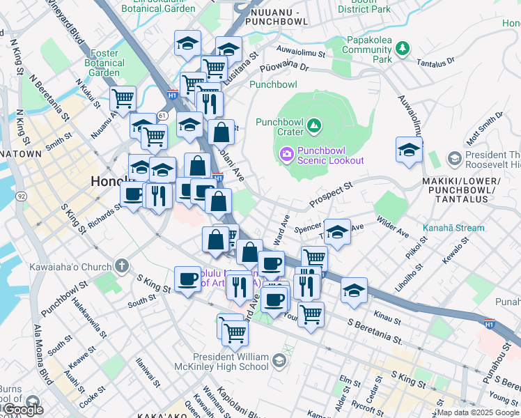 map of restaurants, bars, coffee shops, grocery stores, and more near in Honolulu