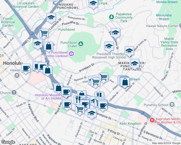 map of restaurants, bars, coffee shops, grocery stores, and more near 1025 Maunaihi Place in Honolulu