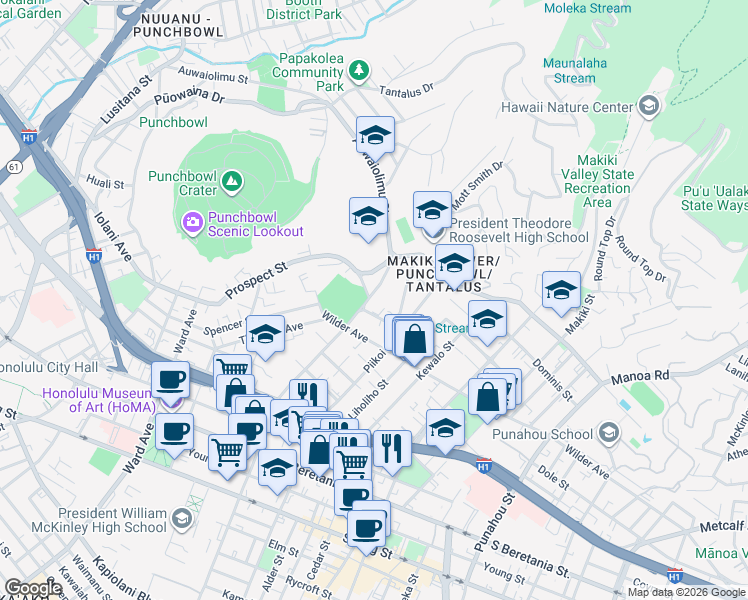 map of restaurants, bars, coffee shops, grocery stores, and more near 1653 Pensacola Street in Honolulu