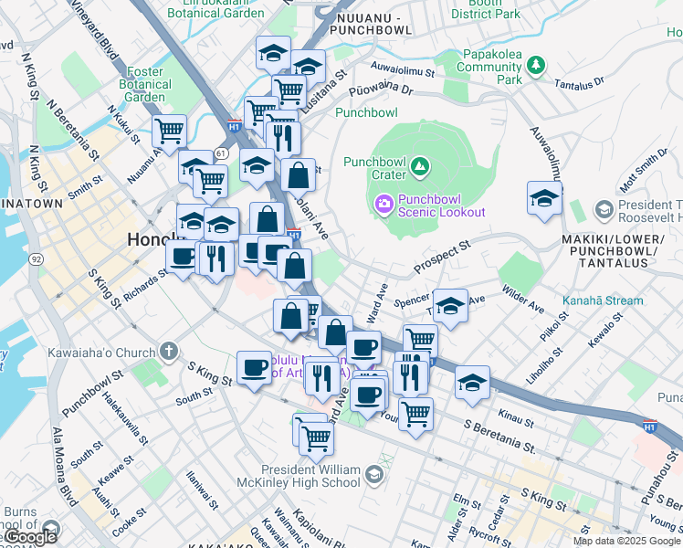 map of restaurants, bars, coffee shops, grocery stores, and more near Alapai St & Spencer St in Honolulu
