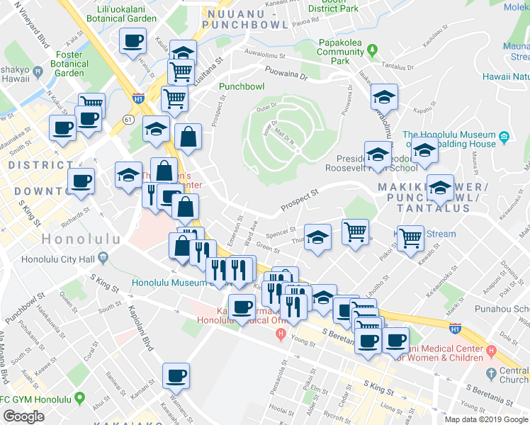 map of restaurants, bars, coffee shops, grocery stores, and more near 958 Prospect Street in Honolulu