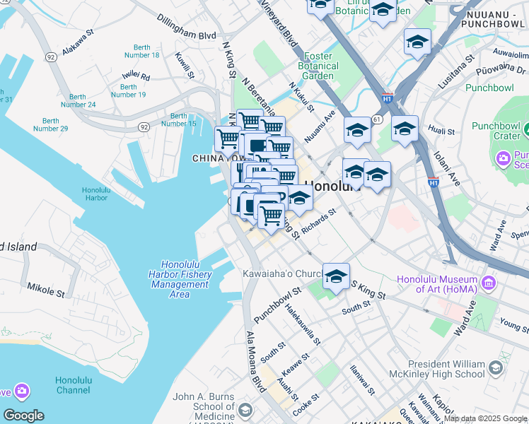 map of restaurants, bars, coffee shops, grocery stores, and more near 828 Fort Street Mall in Honolulu