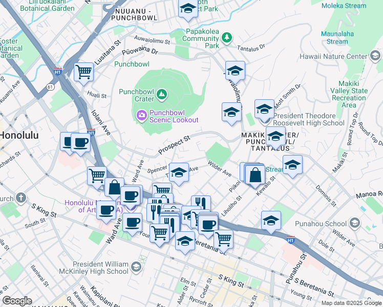 map of restaurants, bars, coffee shops, grocery stores, and more near 999 Wilder Avenue in Honolulu