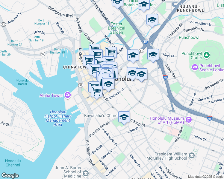 map of restaurants, bars, coffee shops, grocery stores, and more near 1099 Alakea Street in Honolulu