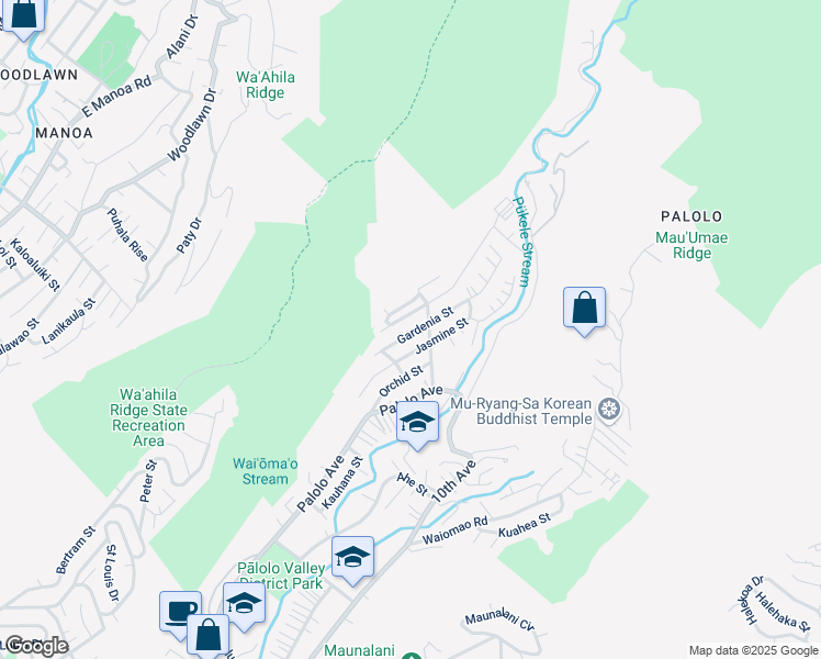 map of restaurants, bars, coffee shops, grocery stores, and more near 2432 Myrtle Street in Honolulu