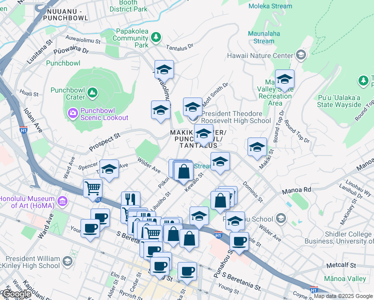 map of restaurants, bars, coffee shops, grocery stores, and more near 1706 Mott Smith Drive in Honolulu