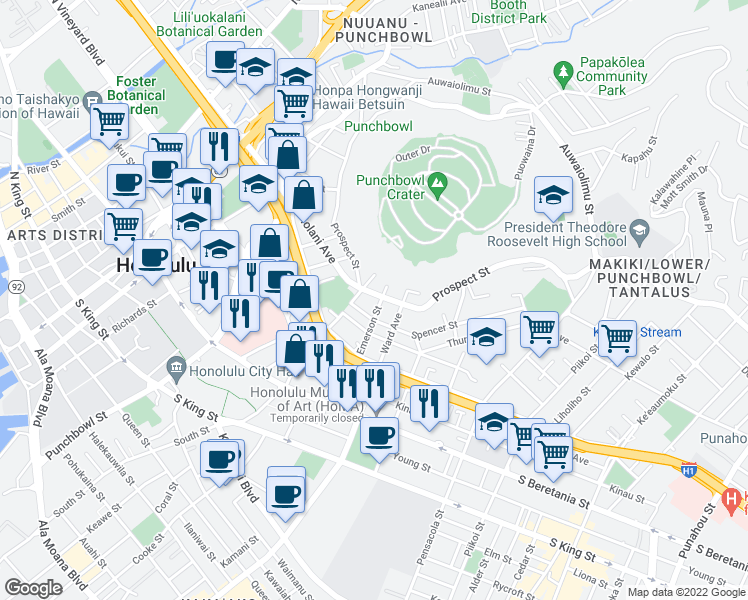 map of restaurants, bars, coffee shops, grocery stores, and more near 1528 Emerson Street in Honolulu
