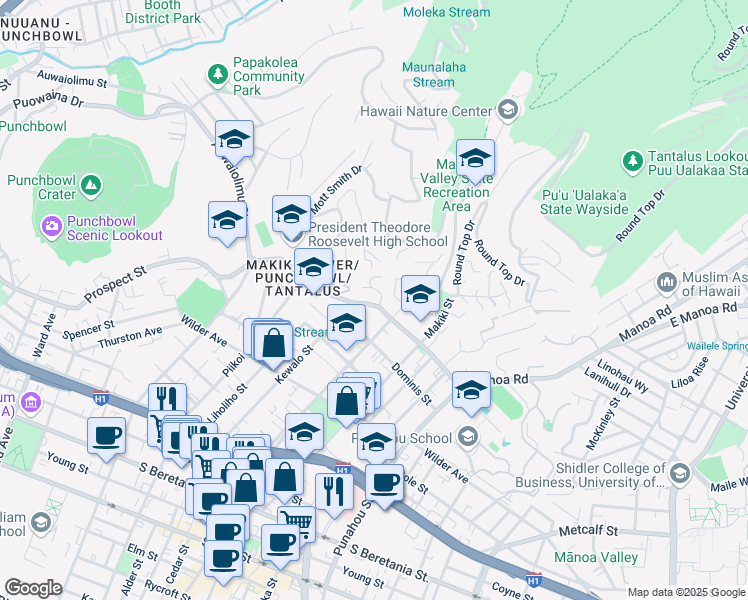 map of restaurants, bars, coffee shops, grocery stores, and more near 1940 Nehoa Place in Honolulu