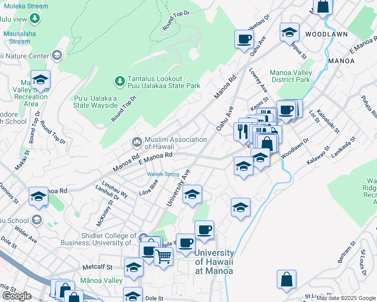 map of restaurants, bars, coffee shops, grocery stores, and more near 2657 Hillside Avenue in Honolulu