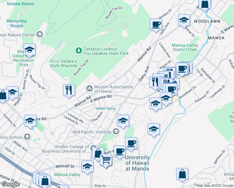 map of restaurants, bars, coffee shops, grocery stores, and more near 2641 Kuahine Drive in Honolulu