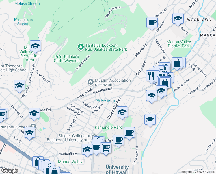 map of restaurants, bars, coffee shops, grocery stores, and more near 2551 Manoa Road in Honolulu