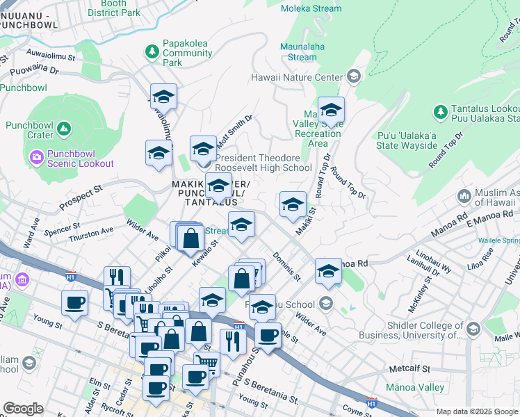 map of restaurants, bars, coffee shops, grocery stores, and more near 1940 Nehoa Place in Honolulu