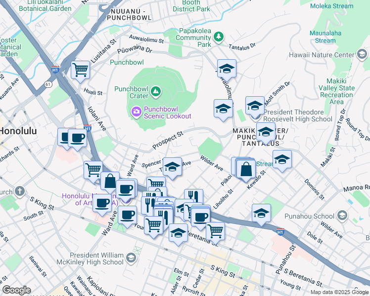 map of restaurants, bars, coffee shops, grocery stores, and more near 999 Wilder Avenue in Honolulu
