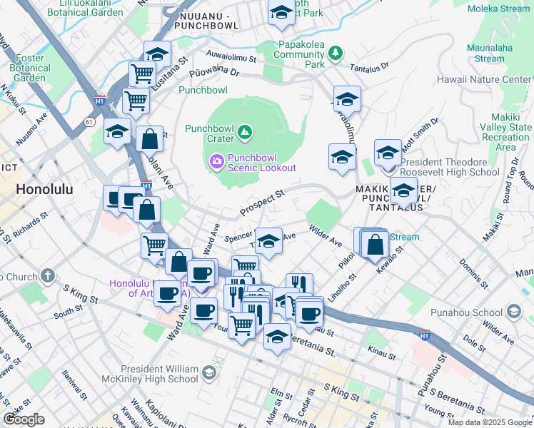 map of restaurants, bars, coffee shops, grocery stores, and more near 1570 Magazine Street in Honolulu