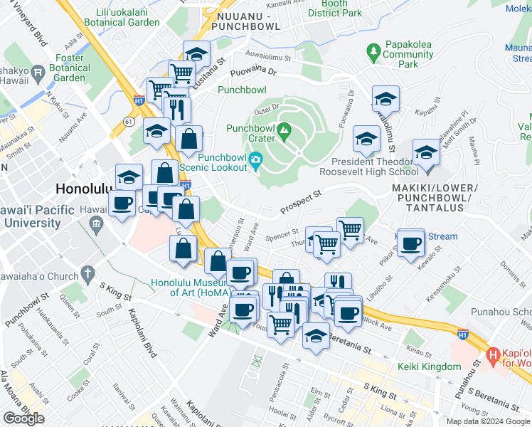 map of restaurants, bars, coffee shops, grocery stores, and more near 958 Prospect Street in Honolulu