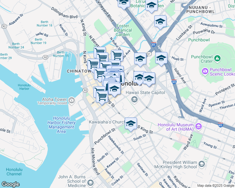 map of restaurants, bars, coffee shops, grocery stores, and more near 1099 Alakea Street in Honolulu
