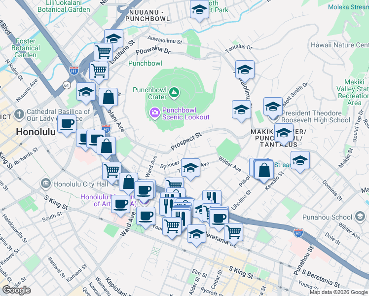 map of restaurants, bars, coffee shops, grocery stores, and more near 1570 Magazine Street in Honolulu
