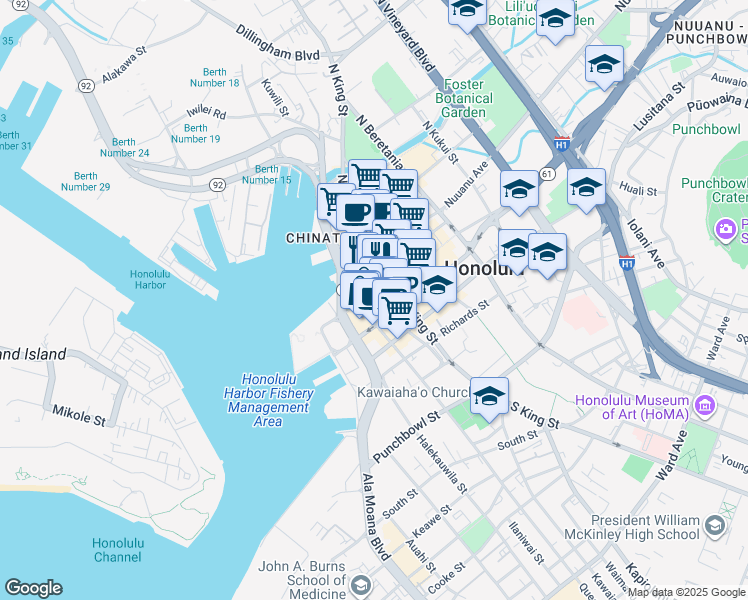 map of restaurants, bars, coffee shops, grocery stores, and more near 828 Fort Street Mall in Honolulu