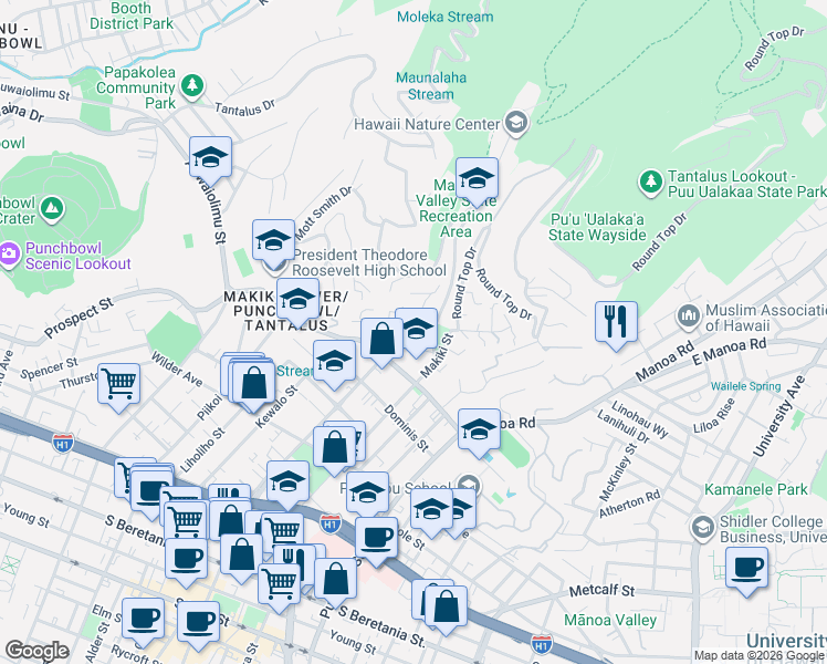 map of restaurants, bars, coffee shops, grocery stores, and more near 1948 Makiki Heights Drive in Honolulu