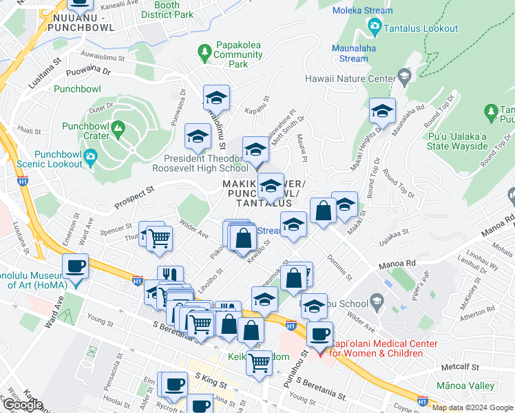 map of restaurants, bars, coffee shops, grocery stores, and more near in Honolulu
