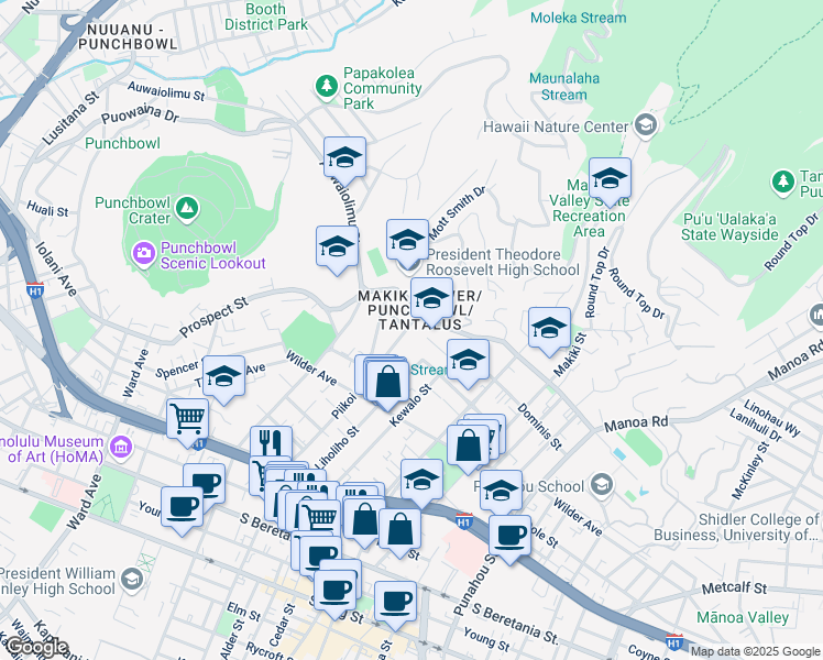 map of restaurants, bars, coffee shops, grocery stores, and more near in Honolulu