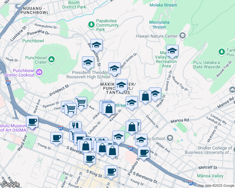 map of restaurants, bars, coffee shops, grocery stores, and more near 1721 Mott Smith Drive in Honolulu