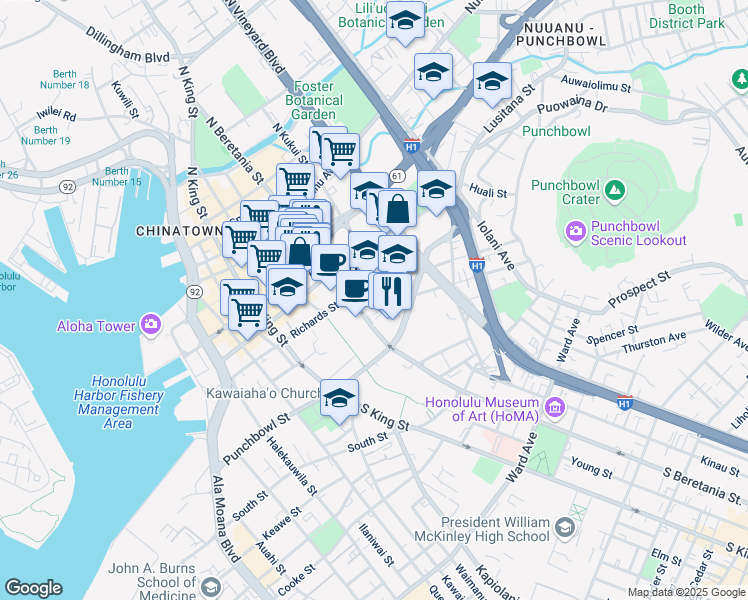 map of restaurants, bars, coffee shops, grocery stores, and more near 320 South Beretania Street in Honolulu