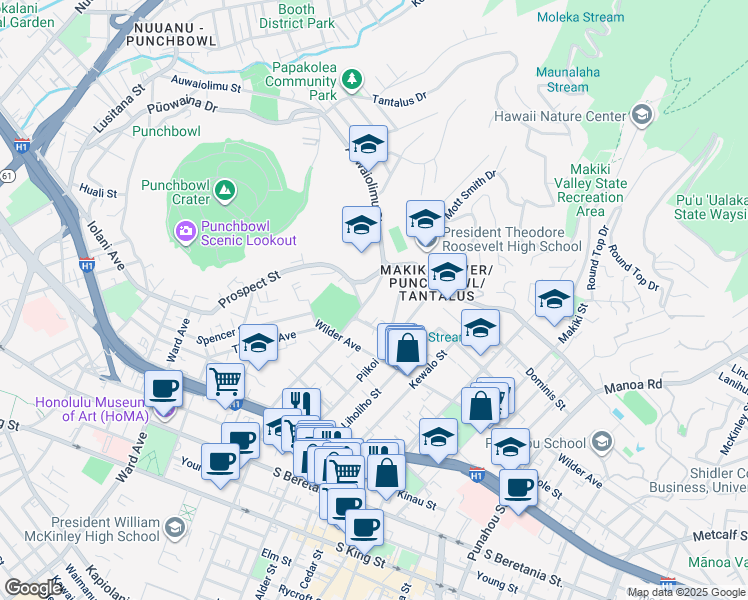 map of restaurants, bars, coffee shops, grocery stores, and more near 1698 Lewalani Drive in Honolulu