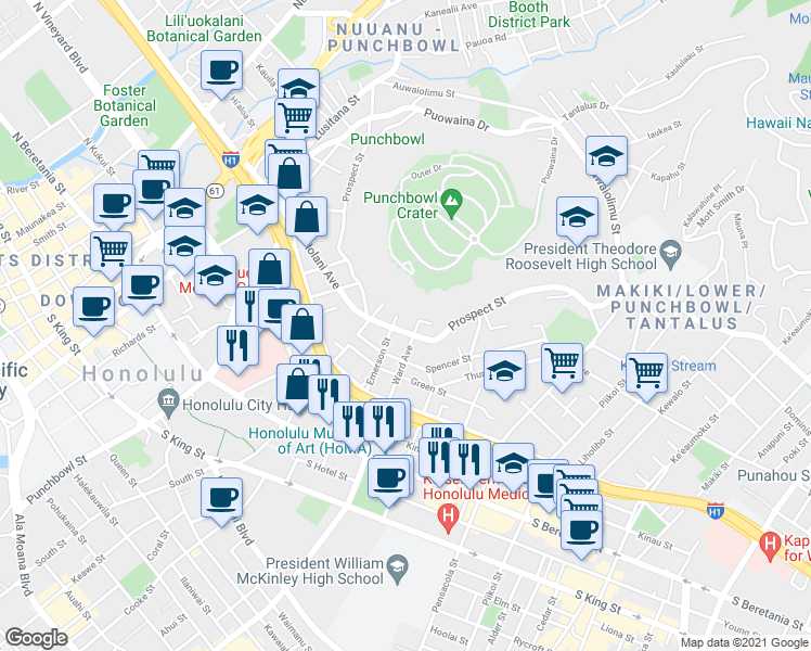 map of restaurants, bars, coffee shops, grocery stores, and more near 1615A Emerson Street in Honolulu