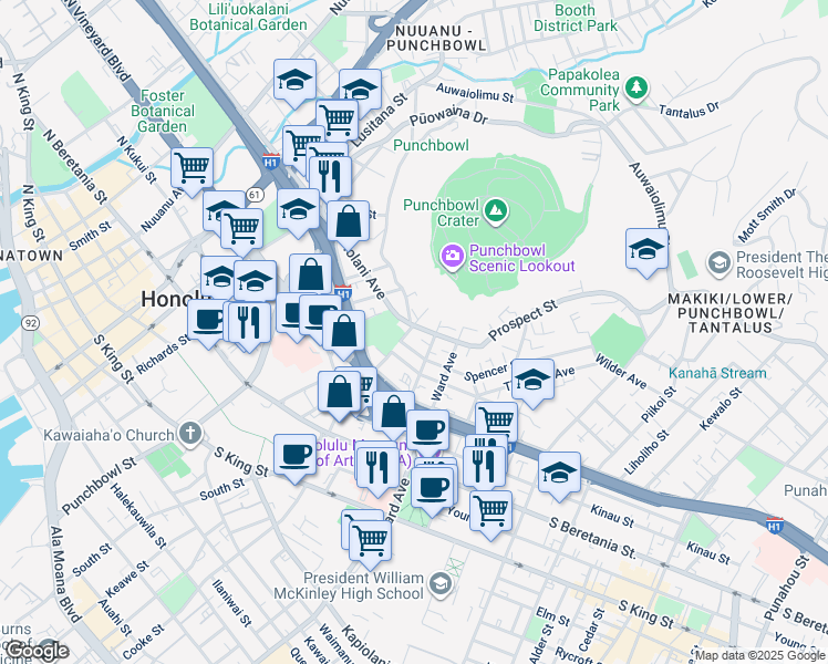 map of restaurants, bars, coffee shops, grocery stores, and more near in Honolulu