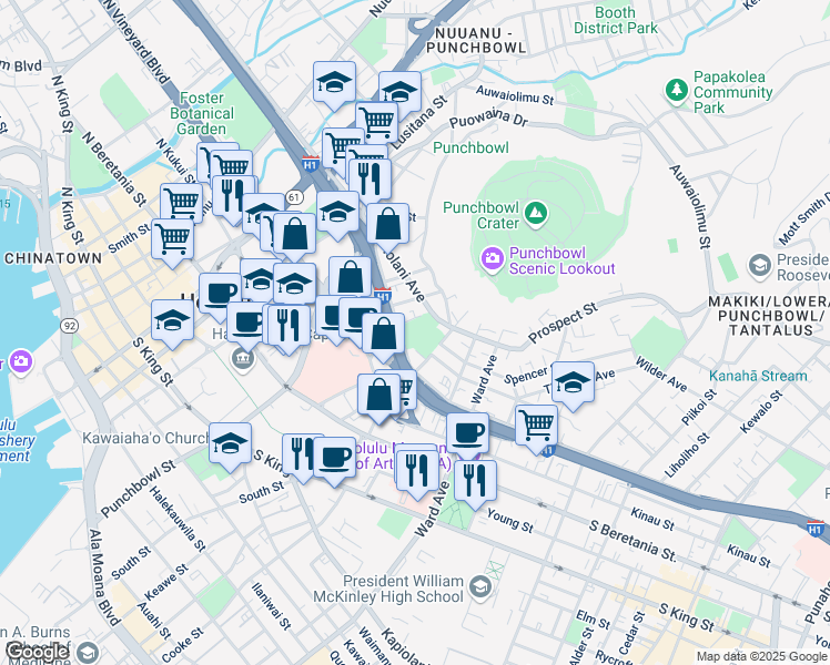 map of restaurants, bars, coffee shops, grocery stores, and more near 602 Magellan Avenue in Honolulu