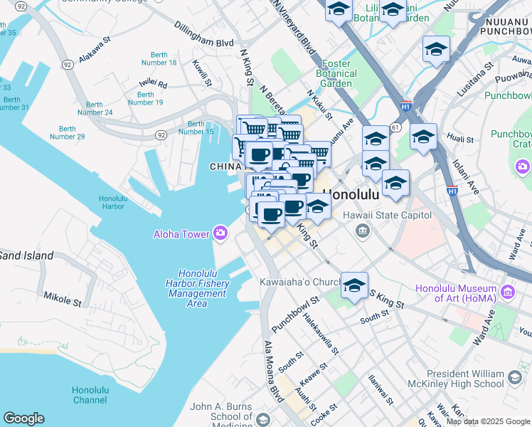 map of restaurants, bars, coffee shops, grocery stores, and more near 828 Fort Street Mall in Honolulu