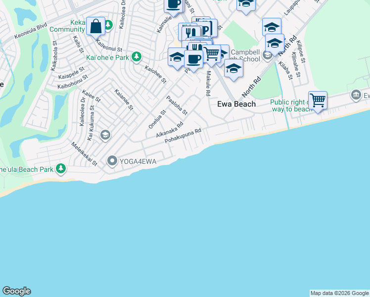 map of restaurants, bars, coffee shops, grocery stores, and more near 91-619B Pohakupuna Road in Ewa Beach