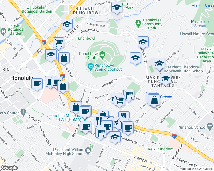 map of restaurants, bars, coffee shops, grocery stores, and more near 1570 Magazine Street in Honolulu