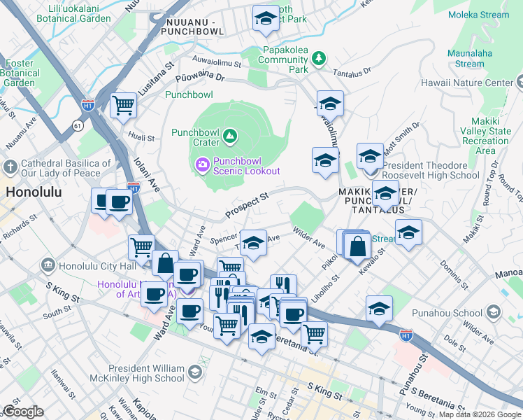 map of restaurants, bars, coffee shops, grocery stores, and more near 999 Wilder Avenue in Honolulu