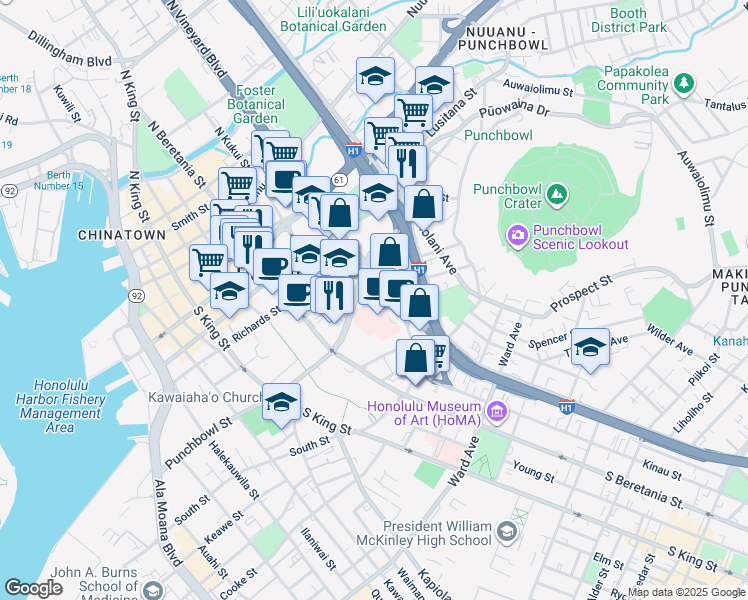 map of restaurants, bars, coffee shops, grocery stores, and more near 1439 Miller Street in Honolulu
