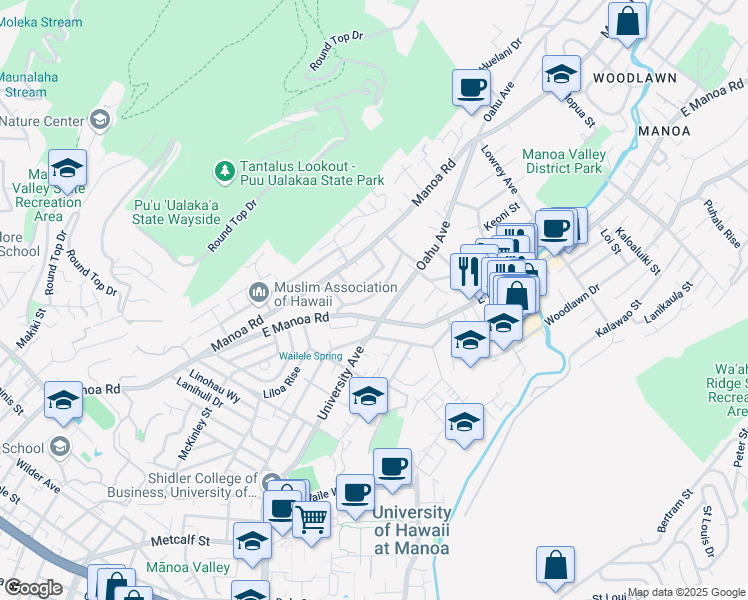 map of restaurants, bars, coffee shops, grocery stores, and more near 2657 Hillside Avenue in Honolulu
