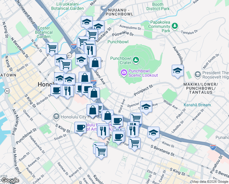 map of restaurants, bars, coffee shops, grocery stores, and more near 670 Prospect Street in Honolulu