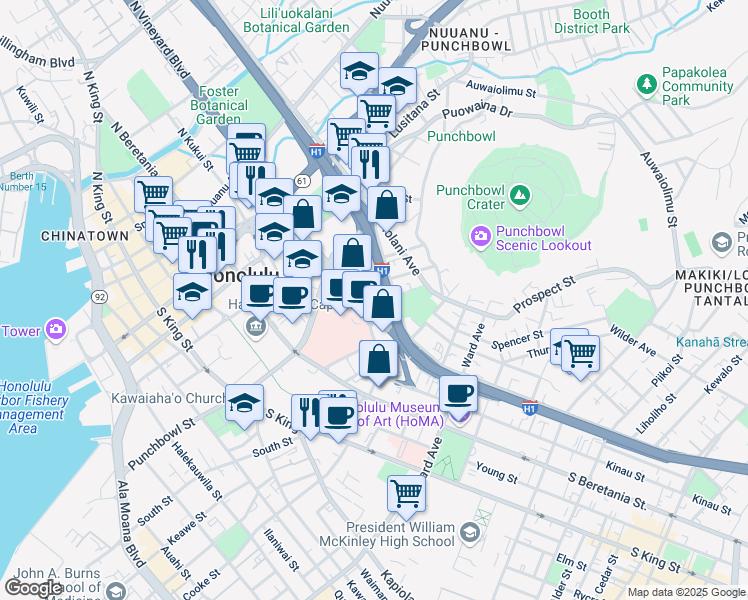 map of restaurants, bars, coffee shops, grocery stores, and more near 522 Captain Cook Avenue in Honolulu