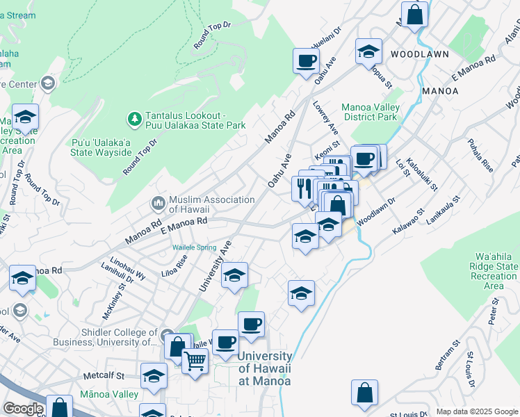 map of restaurants, bars, coffee shops, grocery stores, and more near 2637 Oahu Avenue in Honolulu