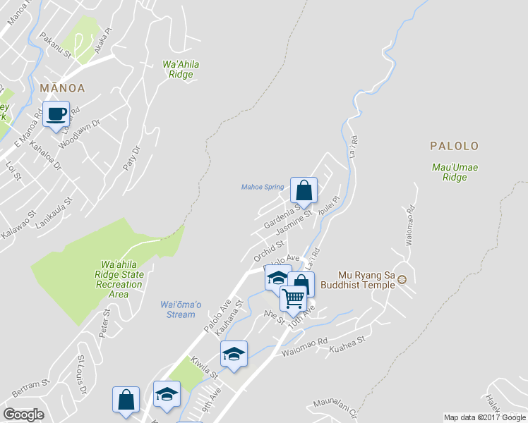 map of restaurants, bars, coffee shops, grocery stores, and more near 2432 Myrtle Street in Honolulu