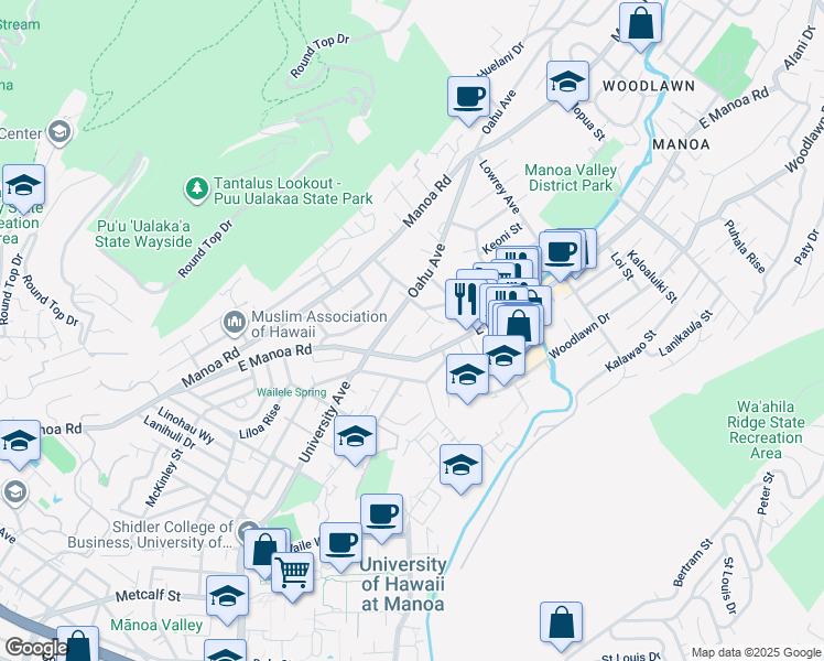 map of restaurants, bars, coffee shops, grocery stores, and more near 2637 Oahu Avenue in Honolulu