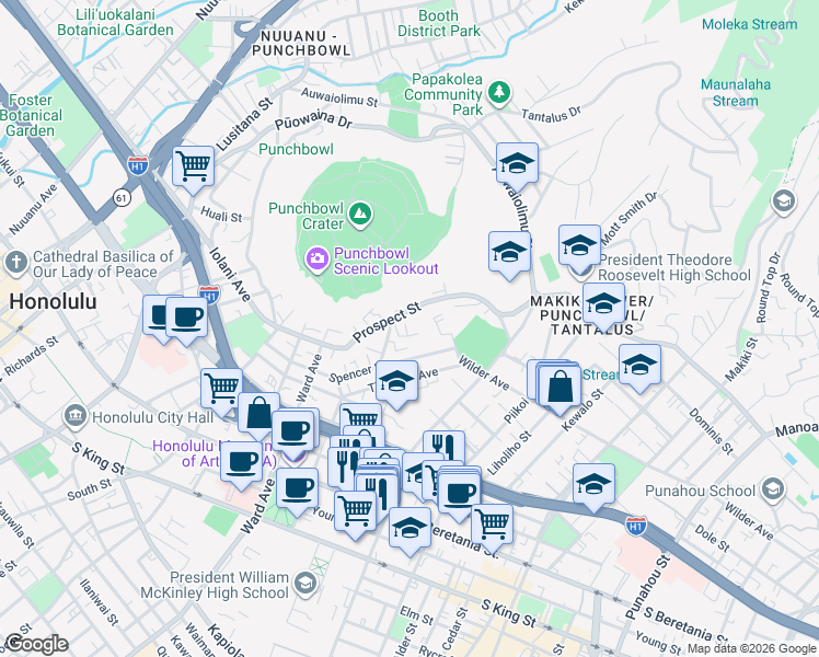 map of restaurants, bars, coffee shops, grocery stores, and more near 999 Wilder Avenue in Honolulu