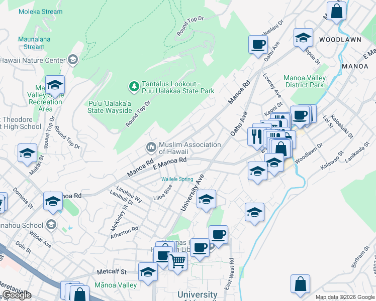 map of restaurants, bars, coffee shops, grocery stores, and more near 2641 Kuahine Drive in Honolulu