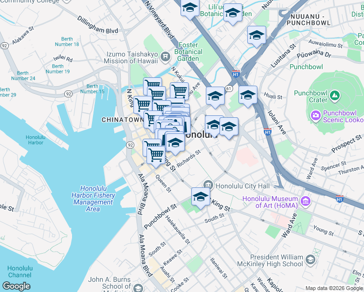 map of restaurants, bars, coffee shops, grocery stores, and more near in Honolulu