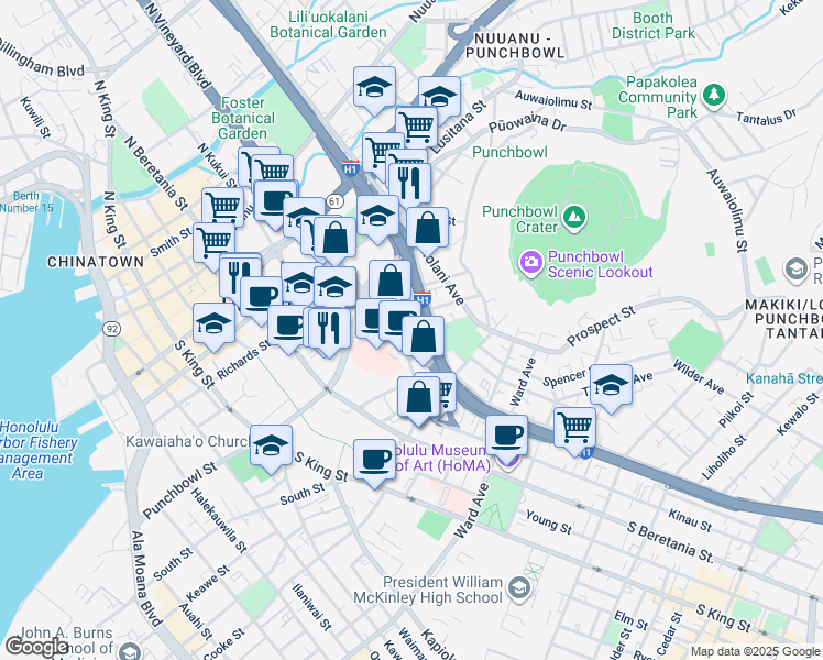 map of restaurants, bars, coffee shops, grocery stores, and more near 522 Captain Cook Avenue in Honolulu