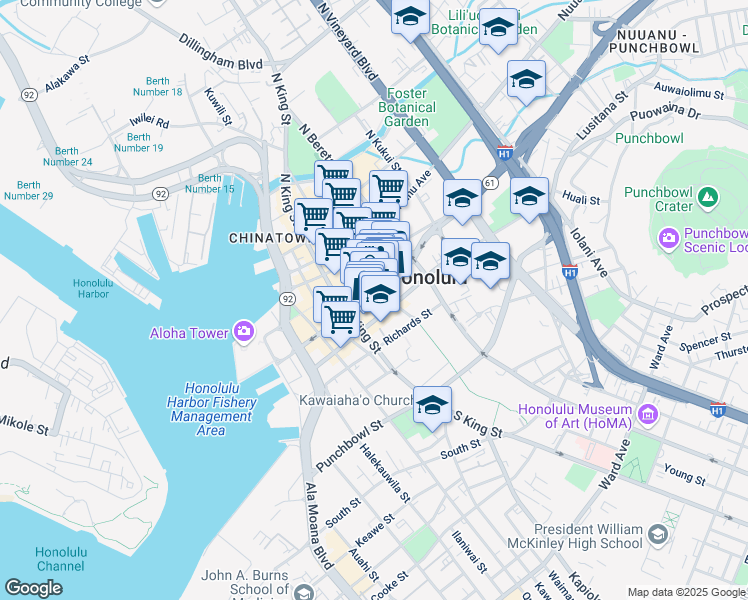 map of restaurants, bars, coffee shops, grocery stores, and more near 1003 Bishop Street in Honolulu